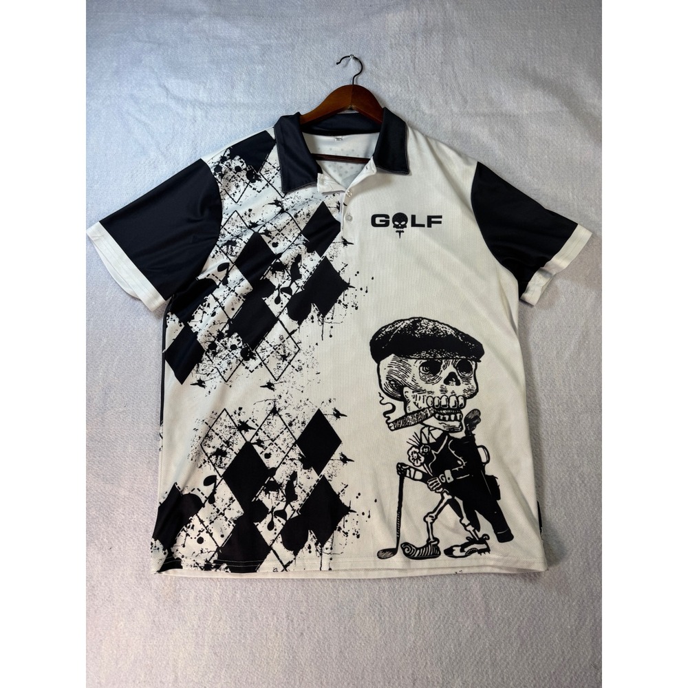 Mens Golf Skeleton Graphic Polo Shirt Black White Argyle XL Swing Swear Repeat